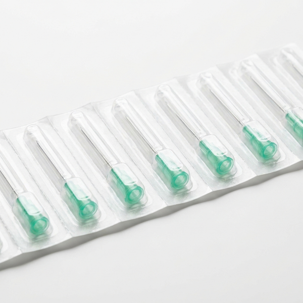 Sterile 21G hypodermic needles with green luer-lock hubs in blister packs