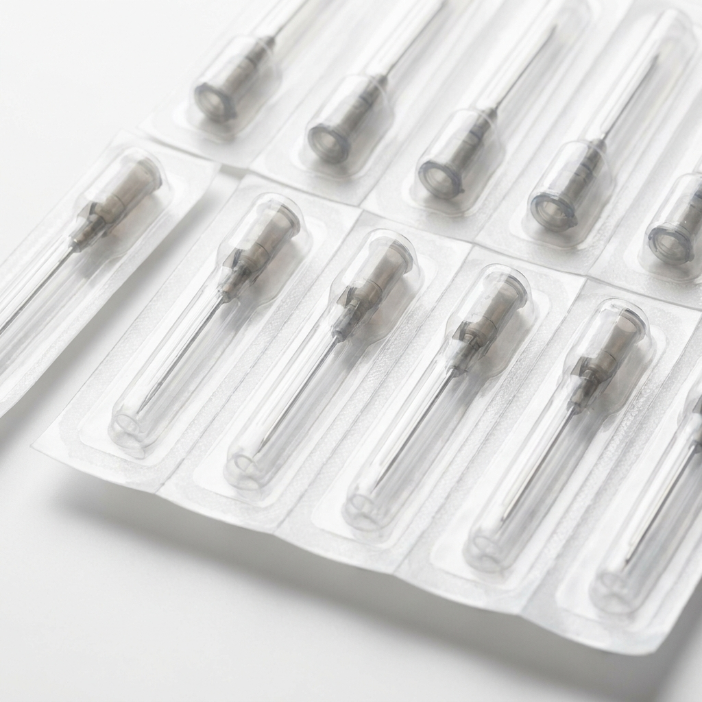 Sterile 27G hypodermic needles with grey luer-lock hubs in blister packs