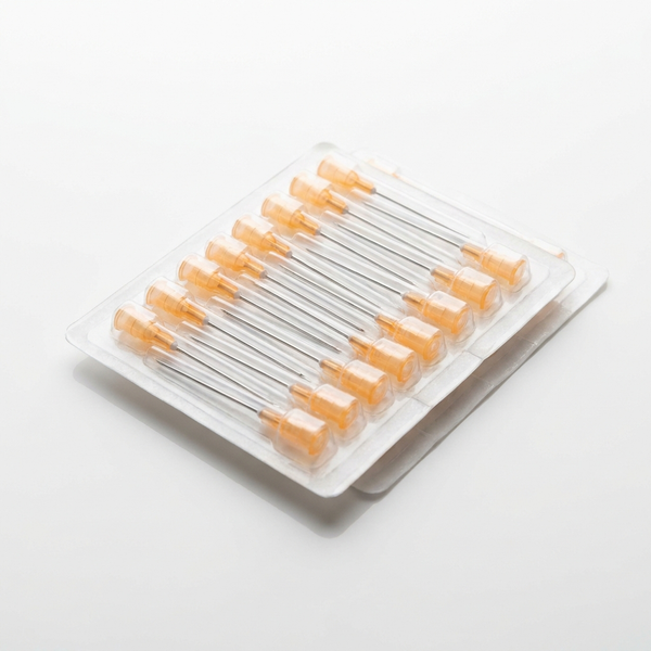 Sterile 25G hypodermic needles with orange luer-lock hubs in blister packs