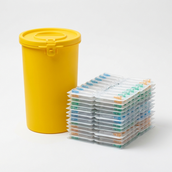 100 coloured-hub hypodermic needles in blister packs with a 1.8 L sharps disposal bin