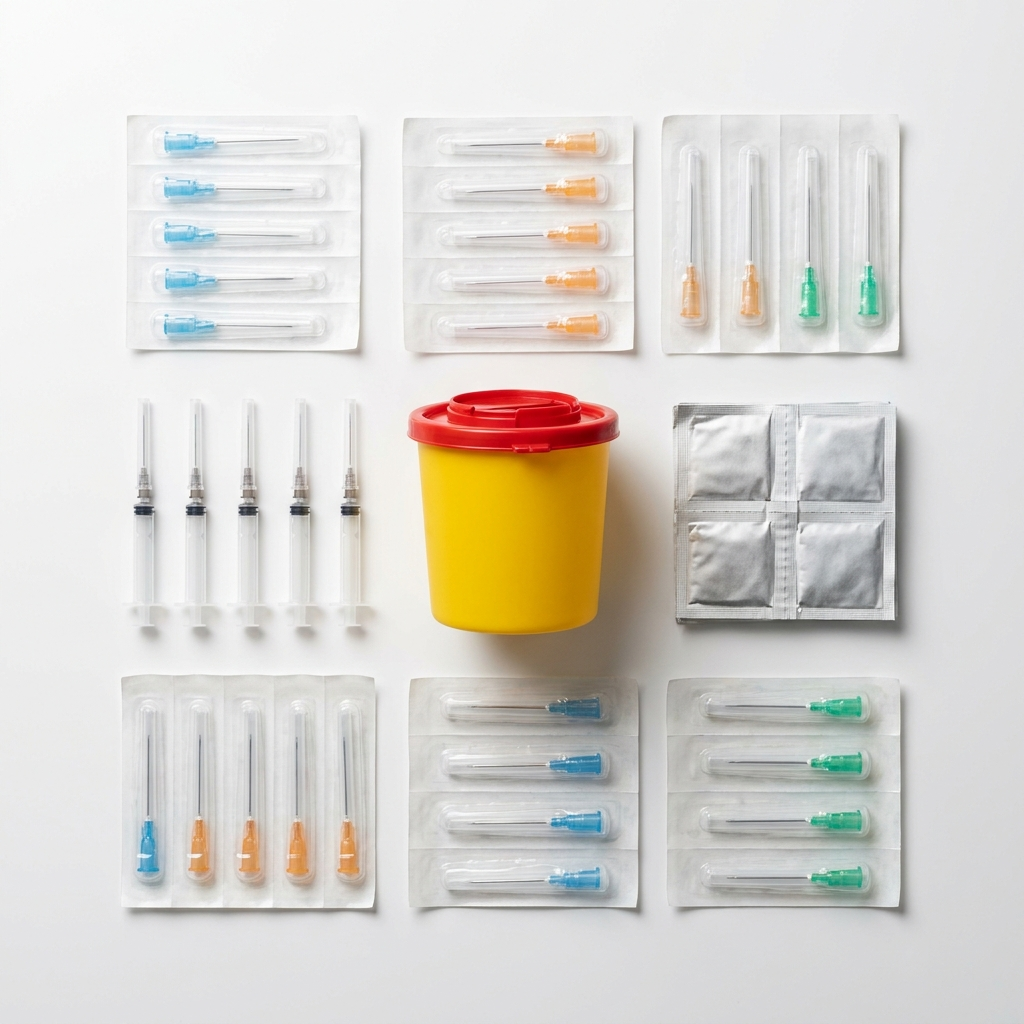 Clinic Starter Kit flat lay: needles, luer-lock syringes, alcohol prep pads and a 1.8 L sharps bin