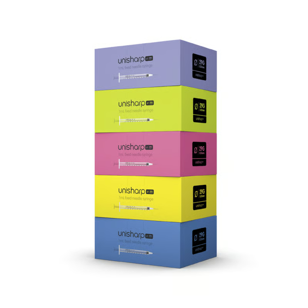 Unisharp 1mL 29G 0.33mm x 13mm fixed-needle insulin syringes — five colour-coded plunger boxes