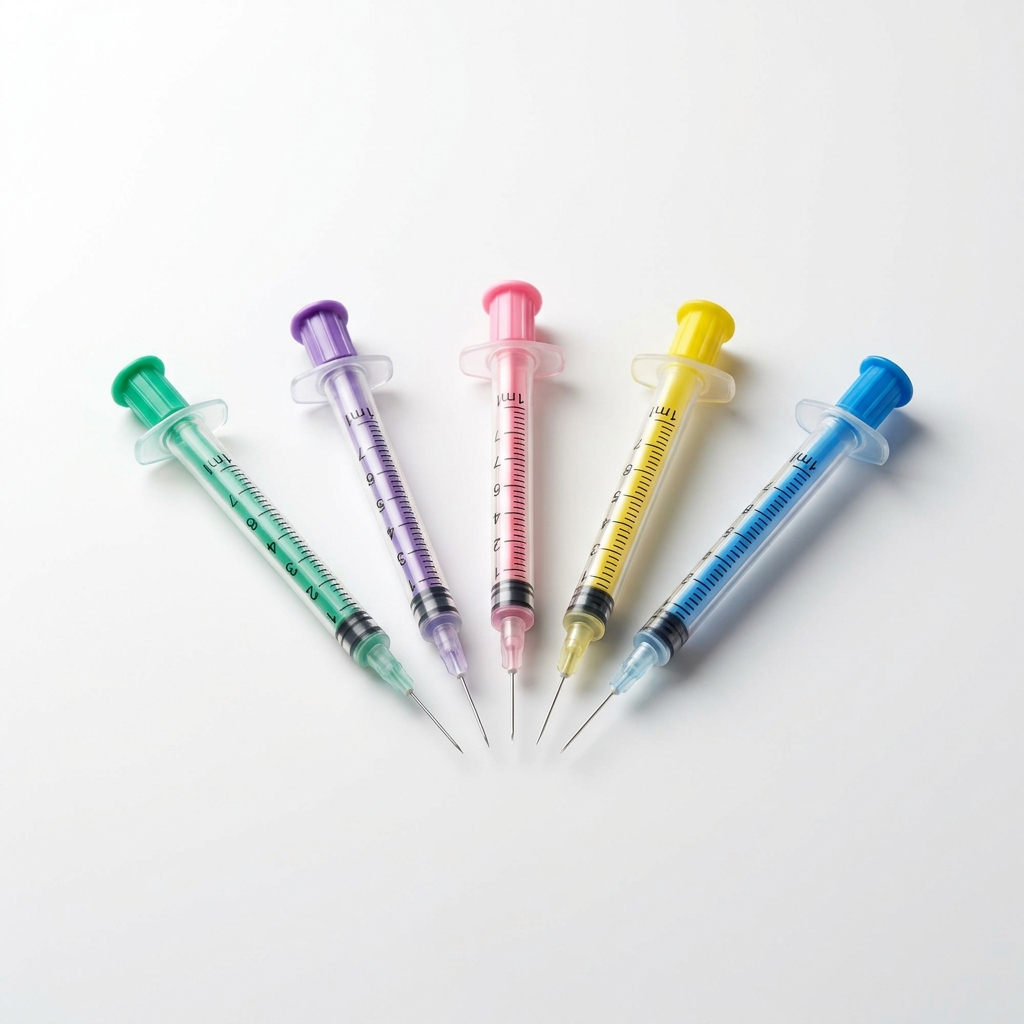 Unisharp 1ml 29G colour-coded insulin syringes in green, purple, pink, yellow and blue