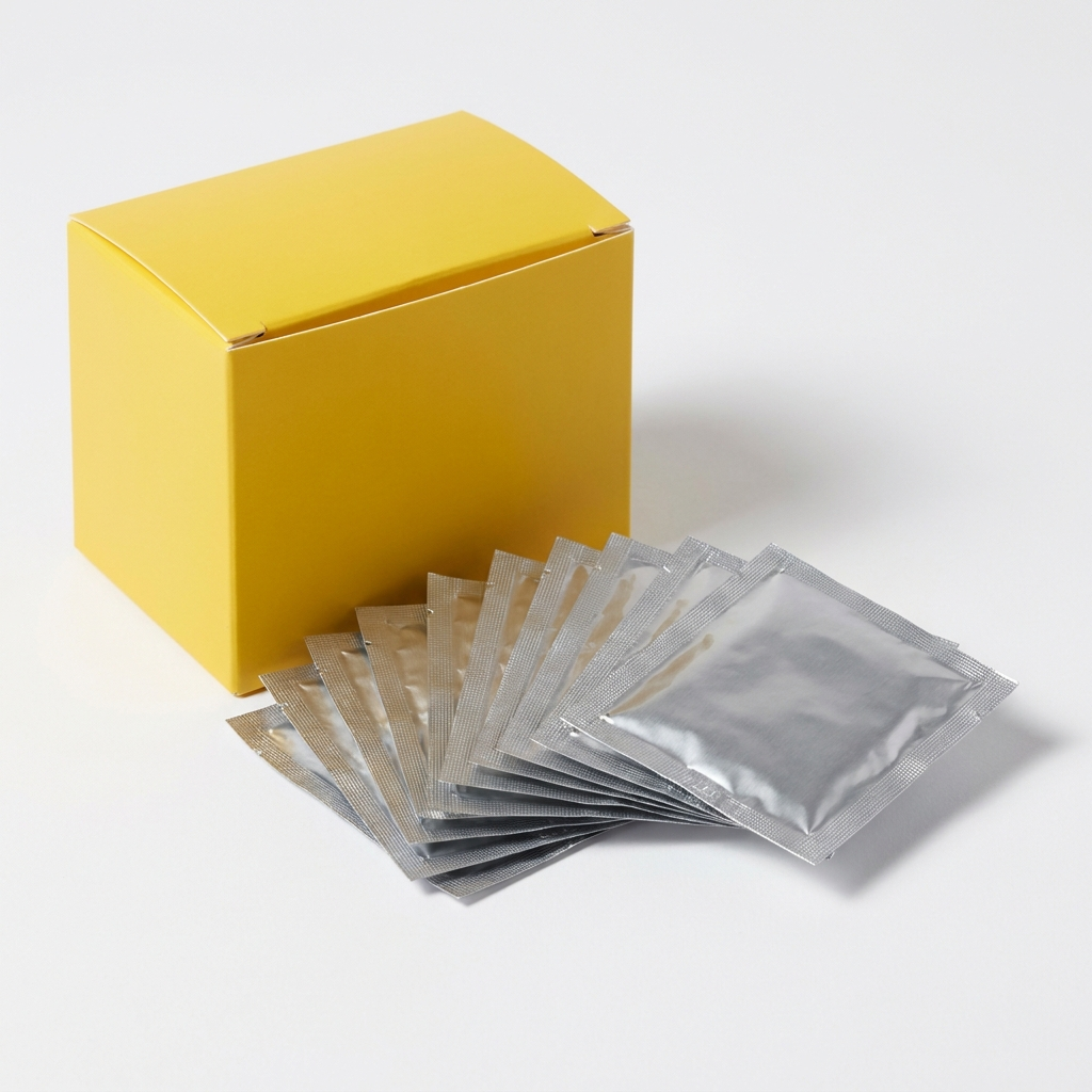 Reynard alcohol and chlorhexidine prep pads, yellow box with foil-wrapped sachets
