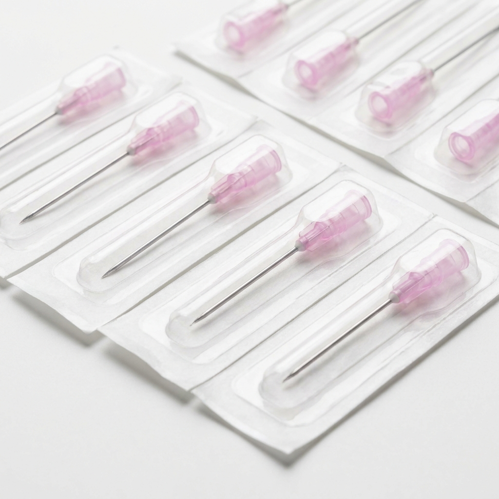 Sterile 18G hypodermic needles with pink luer-lock hubs in blister packs