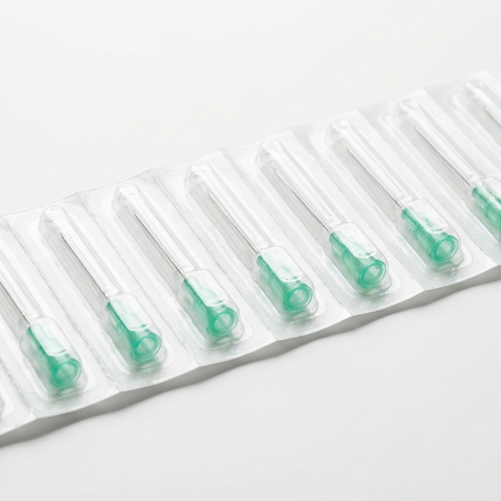 Sterile 21G hypodermic needles with green luer-lock hubs in blister packs