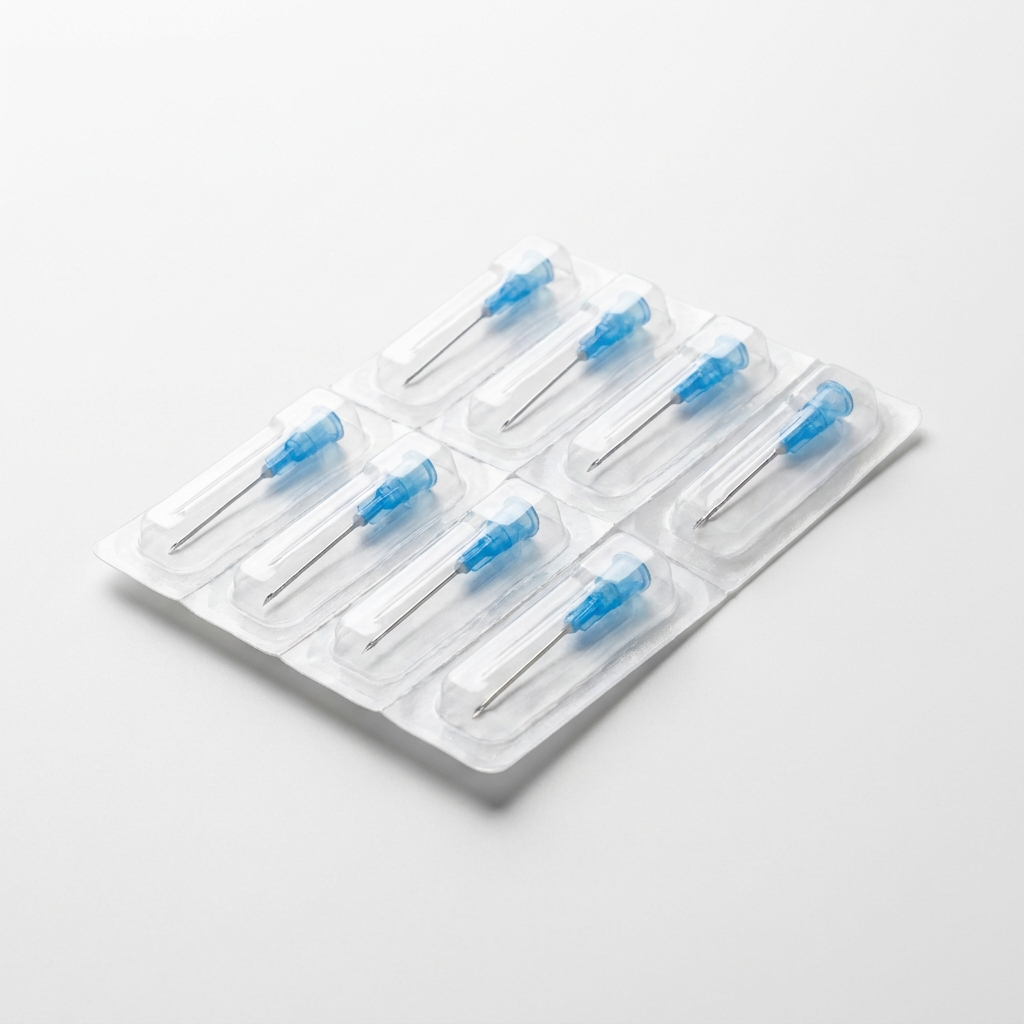 Sterile 23G hypodermic needles with blue luer-lock hubs in blister packs