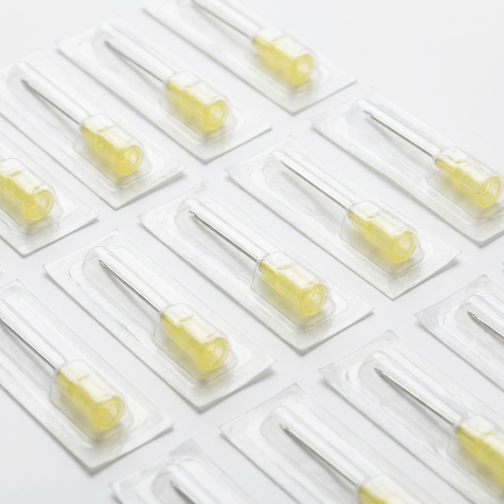 Sterile 30G hypodermic needles with yellow luer-lock hubs in blister packs