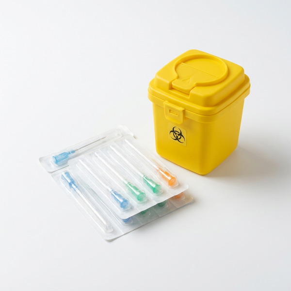 50 coloured-hub hypodermic needles in blister packs with a compact 1.4 L sharps disposal bin