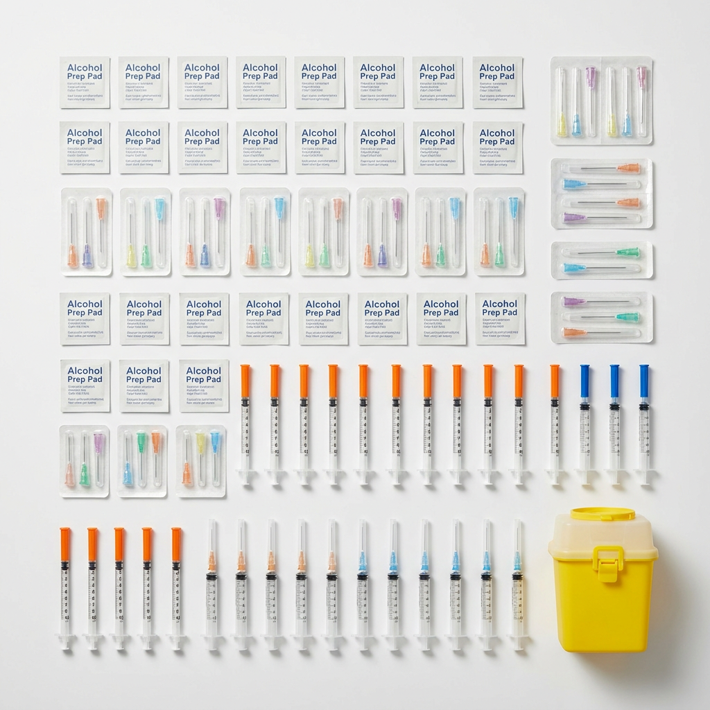 Monthly Resupply Kit flat lay: bulk prep pads, needles, syringes and a 1.8 L sharps bin