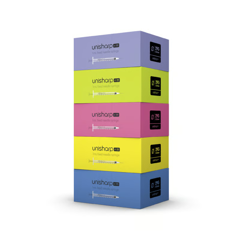 Unisharp 1mL 29G 0.33mm x 13mm fixed-needle insulin syringes — five colour-coded plunger boxes