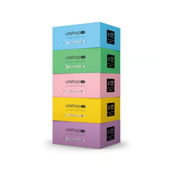 Unisharp 1 mL 27G (0.4 x 13 mm) fixed-needle syringes, five colour-coded boxes